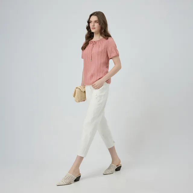 【ILEY 伊蕾】綁帶蕾絲直條紋短袖上衣(粉；M-XL；1252241004)