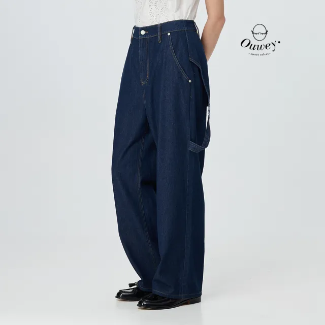 【OUWEY 歐薇】活片檔片純棉牛仔直筒褲(深藍;S-L;3252328626)