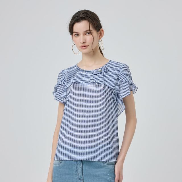【ILEY 伊蕾】細格紋蝴蝶結上衣(藍；M-2L；1251211001)