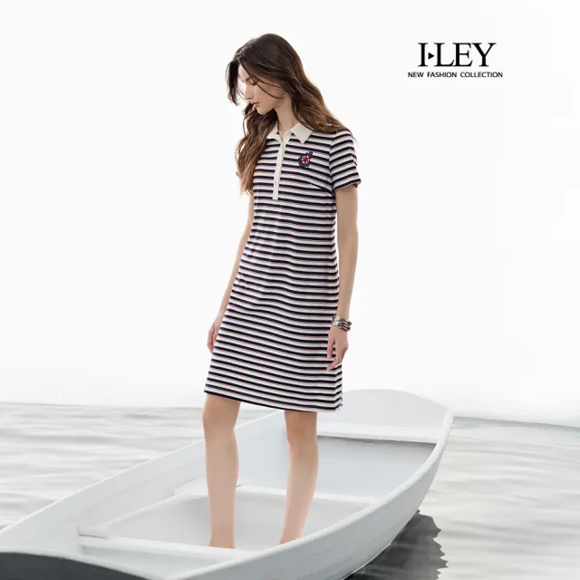 【ILEY 伊蕾】水手條紋POLO領縲縈洋裝(白;M-2L;1252027713)