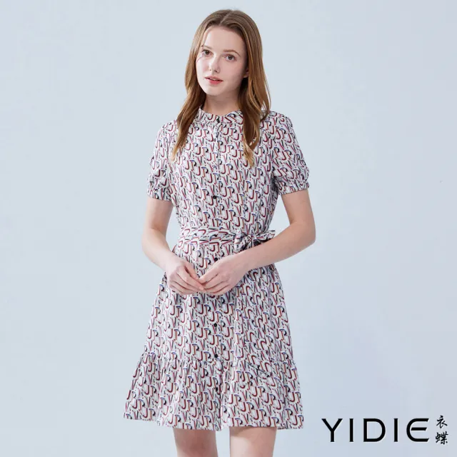 【YIDIE】出清品 字母印花綁帶雪紡短洋裝-米