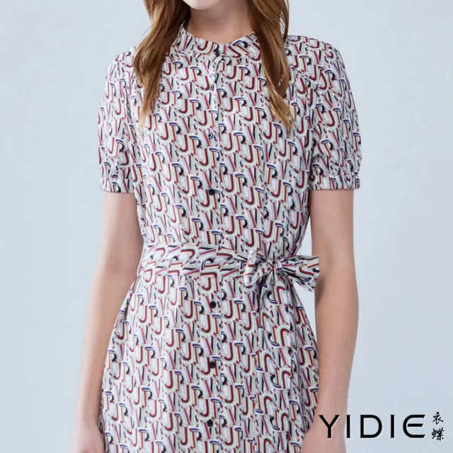 【YIDIE】出清品 字母印花綁帶雪紡短洋裝-米