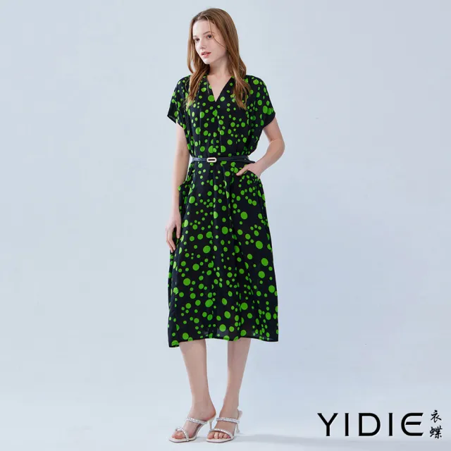 【YIDIE 衣蝶】點點印花V領落肩雪紡長洋裝-黑