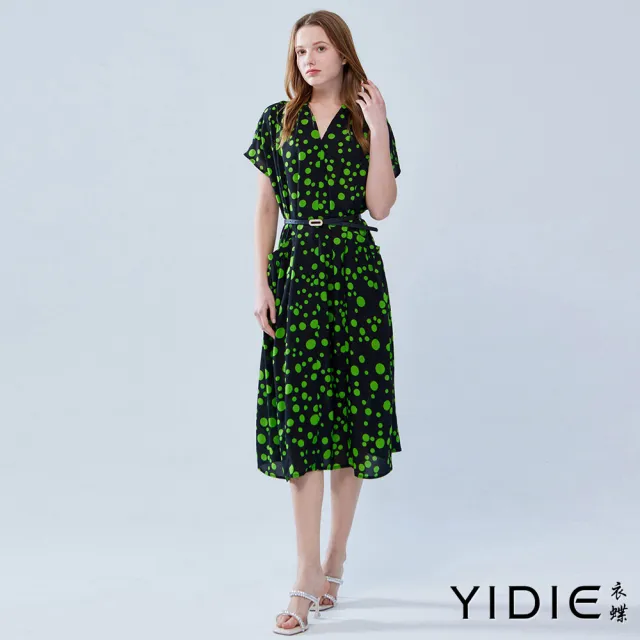 【YIDIE 衣蝶】點點印花V領落肩雪紡長洋裝-黑