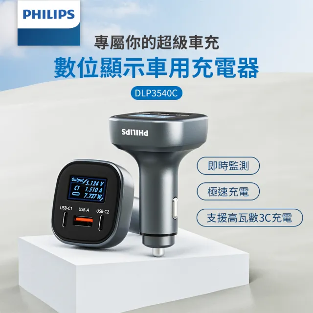 【Philips 飛利浦】黑金剛 PD 100W 快充Type-C+USB 3孔數位顯示車用充電器(DLP3540C)