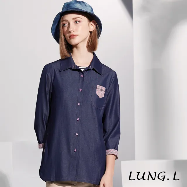 【LUNG.L 林佳樺】LS24C 藍色牛仔拼接粉色格紋七分袖女裝薄外套(春夏新品 加大尺碼)