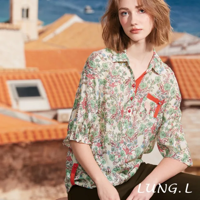 【LUNG.L 林佳樺】LS23A 綠色滿版印花造型口袋七分袖女裝上衣(春夏新品)
