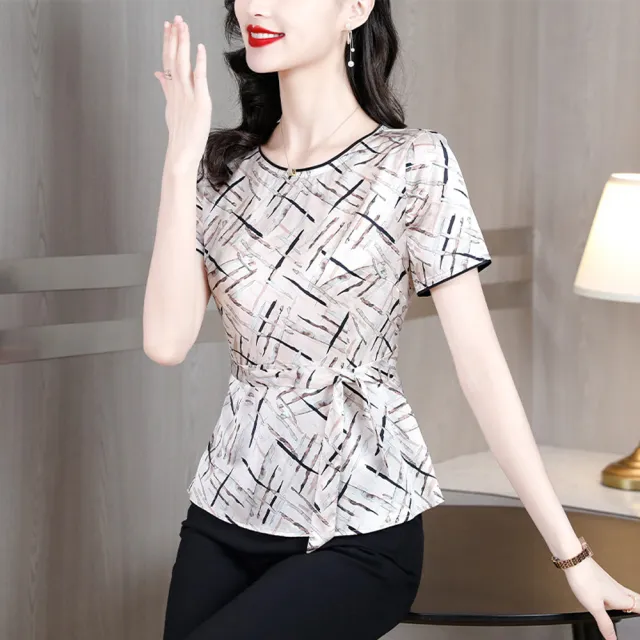 【ALLK 歐楷】新品上架 綁帶印花長上衣 淺杏色(尺寸L-XXL/中大尺碼/涼爽/透氣)