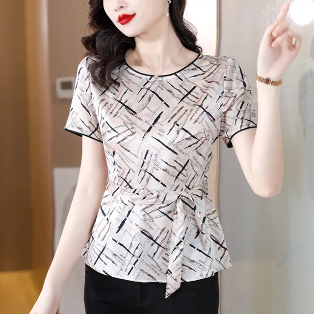 【ALLK 歐楷】新品上架 綁帶印花長上衣 淺杏色(尺寸L-XXL/中大尺碼/涼爽/透氣)