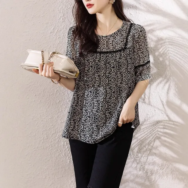 【ALLK 歐楷】新品 印花長上衣 黑色(尺寸L-XXL/中大尺碼/涼爽/透氣)