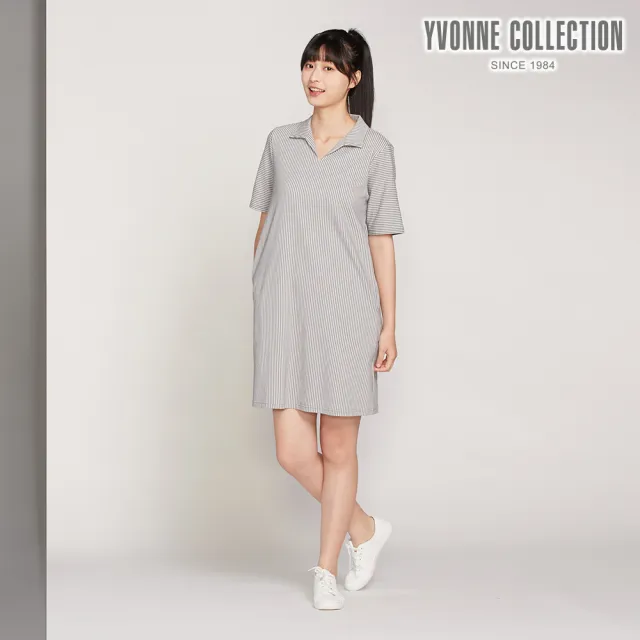 【YVONNE 以旺傢飾】直條提花襯衫領短袖洋裝-迷霧灰