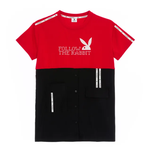 【PLAYBOY】黑紅拼接潮感長上衣(紅色)