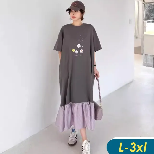 【CHACO】/預購/女夏 併接紫色裙襬寬鬆中大碼灰色短袖印花長版連身裙#6846(灰色 連身裙 中大 夏 紫色)
