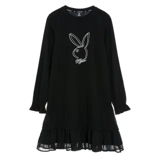 【PLAYBOY】縮口袖傘狀洋裝(黑色)