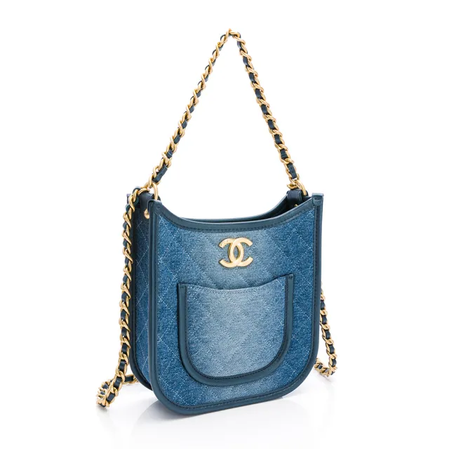 【CHANEL 香奈兒】Hobo bag 牛仔布鏈條單肩包(水洗丹寧/金)