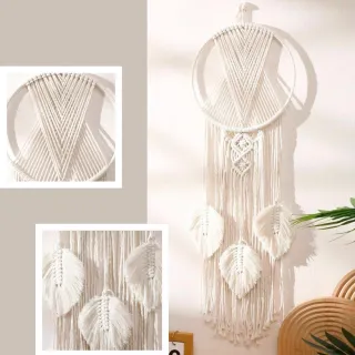 【WOONUE HOME】macrame手工壁幔壁掛毯裝飾慢編織壁掛掛飾壁毯樹葉子綠白(喬遷禮物朋友禮物搬家禮物)