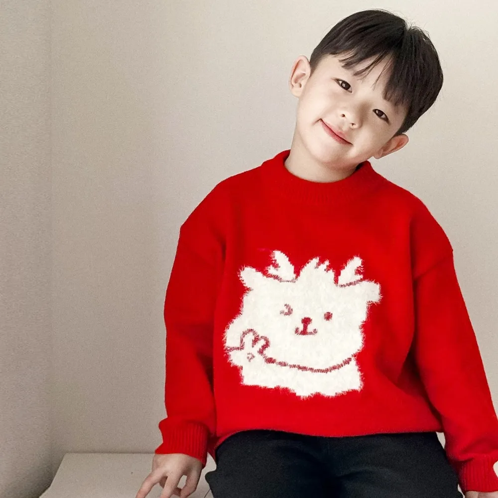 【橘魔法】植絨小龍人毛衣(針織衫 新年 過年 喜宴 大紅 拜年服 長袖上衣 兒童 中性款 男童 女童 童裝)