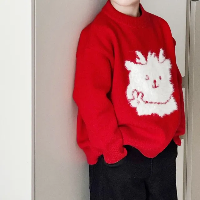 【橘魔法】植絨小龍人毛衣(針織衫 新年 過年 喜宴 大紅 拜年服 長袖上衣 兒童 中性款 男童 女童 童裝)