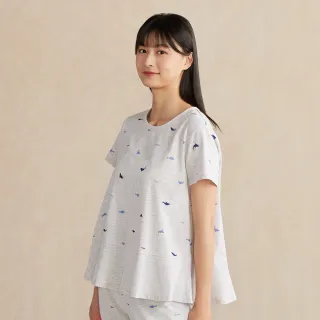 【YVONNE 以旺傢飾】鯊魚印花拼接短袖上衣-銀白灰