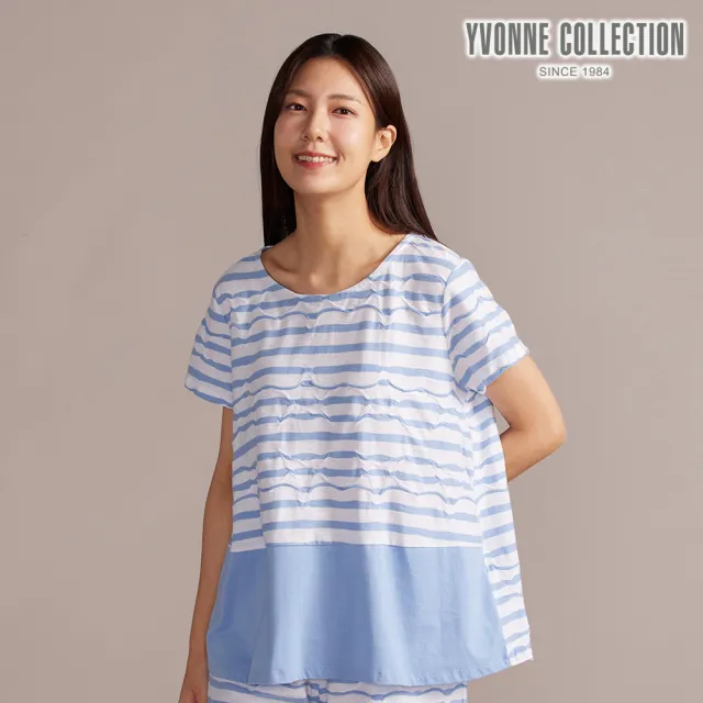 【YVONNE 以旺傢飾】凸條提花拼接短袖上衣-海島藍