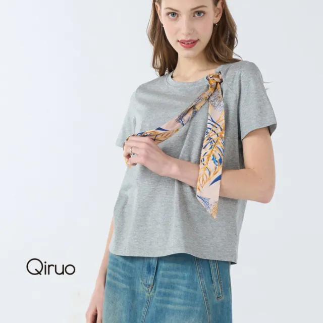 【Qiruo 奇若名品】銀金屬鍊 加蝴蝶絲帶造型 圓領棉質灰色短袖上衣3063A