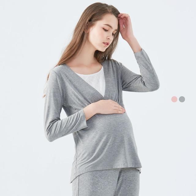 【Gennies 奇妮】親膚蕾絲居家哺乳衣-灰/粉(孕婦裝 月子服 居家服 睡衣 長袖 下拉哺乳)
