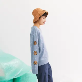 【Dailo】可愛汪達長袖點點緹織針織上衣(藍 白 駝)