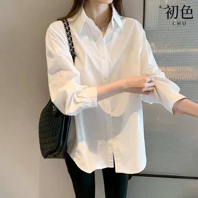【初色】休閒薄款純色翻領長袖襯衫外套女外套-共4款任選-10735(M-3XL/F可選)