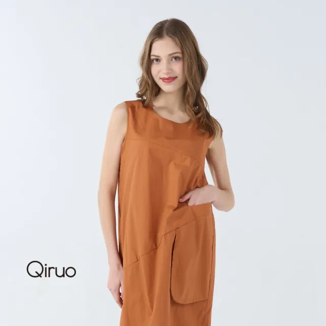【Qiruo 奇若名品】簡單大口袋剪裁 橘色上等棉膝上削肩小A洋裝3201F