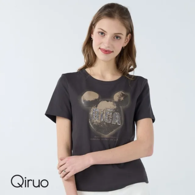 【Qiruo 奇若名品】彈性棉質布料圓領卡通米奇造型短袖灰咖色上衣7021D