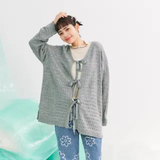 【Dailo】2way開襟綁帶式洞洞長版長袖針織上衣(杏 駝 灰)