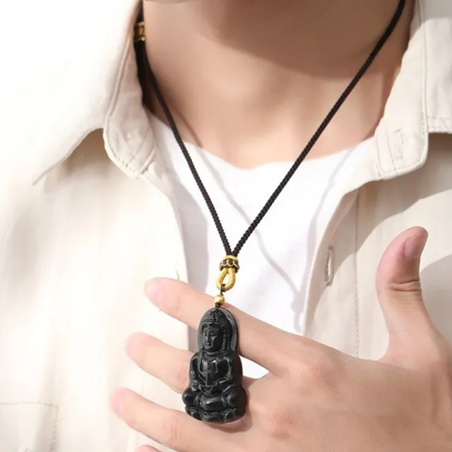 【MoonDy】飾品 項鍊 男生項鍊 和田玉 玉石 觀音像 佛像 吊墜 足金999 編繩項鍊 保平安 護身符 玉珮