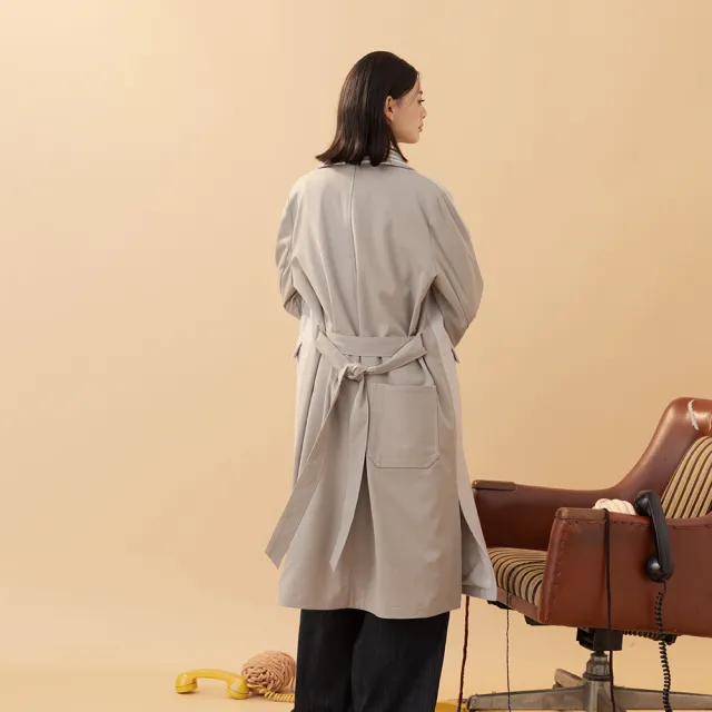 【MOSS CLUB】可拆式領片前毛呢西裝厚長版風衣(杏 灰/魅力商品)
