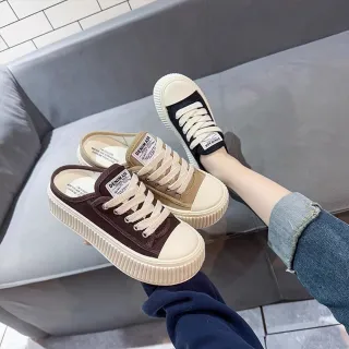 【Alberta】跟高3.5CM 厚底懶人穆勒鞋 半拖鞋 半包鞋 前包後空 包頭鞋 休閒鞋 帆布涼拖鞋 2色