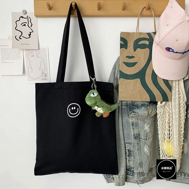 【米蘭精品】現貨+預購 手提包帆布肩背包托特包側背包單肩包隨身女包(笑臉ins純色2色74jn57)