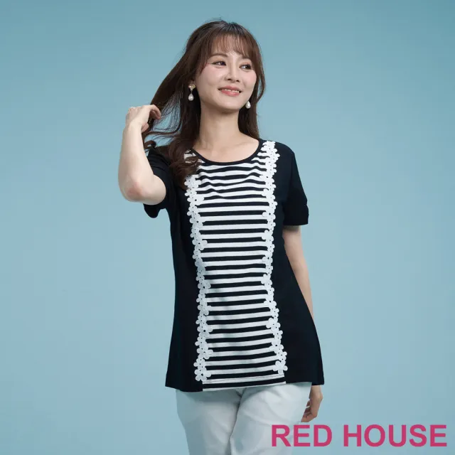 【RED HOUSE 蕾赫斯】花朵蕾絲條紋拼接上衣(黑色)