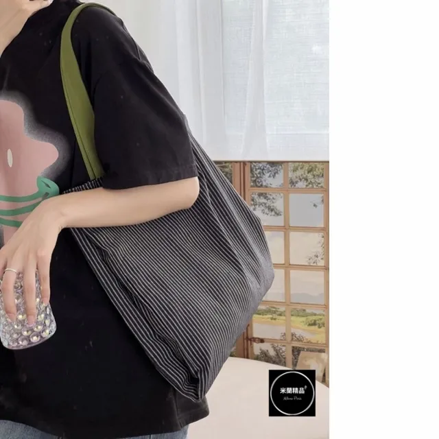 【米蘭精品】現貨+預購 帆布包肩背包托特包側背包單肩背包休閒隨身女包包(韓版格紋帆布多層2色74jn1)