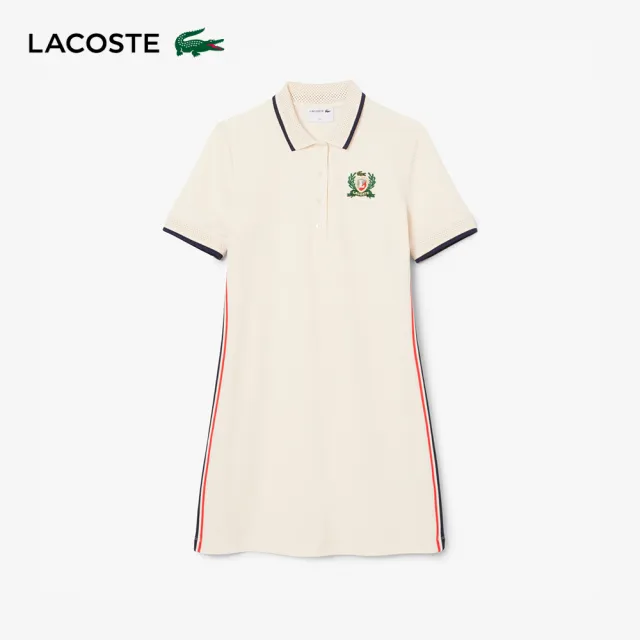 【LACOSTE】女裝-法國製撞色修身Polo洋裝(米色)