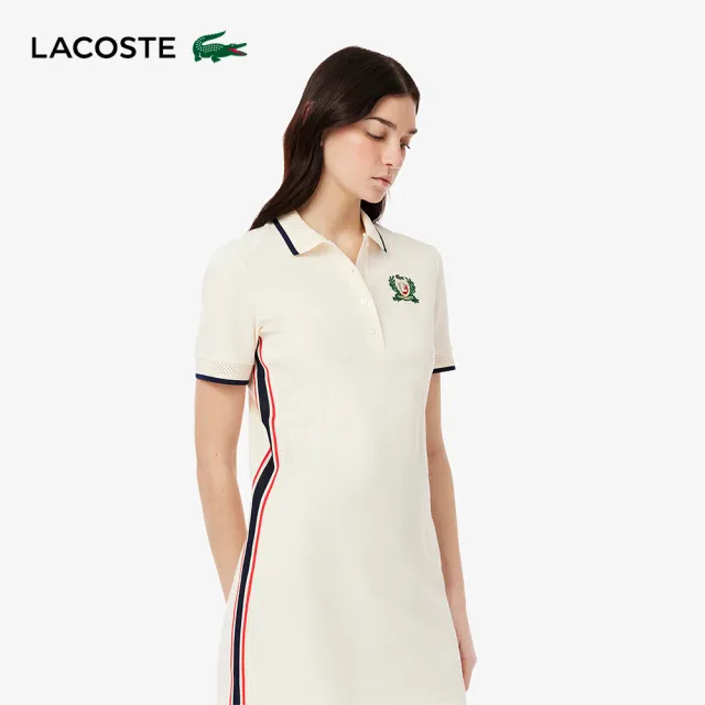 【LACOSTE】女裝-法國製撞色修身Polo洋裝(米色)