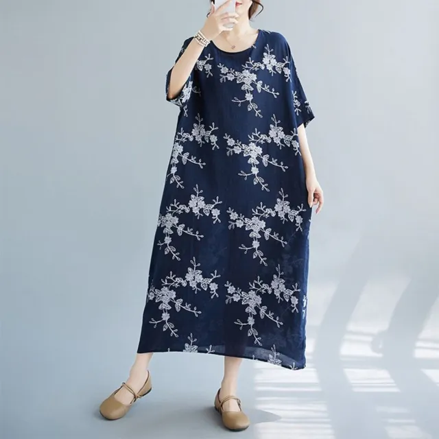 【漂亮小媽咪】夏日 短袖 印花 花朵 洋裝 長裙 中大尺碼 口袋 長洋裝 實