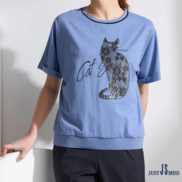 【Just J’S Miss】圓領蕾絲圖騰貓短袖棉T J24S2612