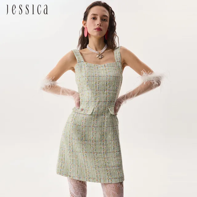 【JESSICA】清新立體紋理寬肩帶小香風洋裝J52702