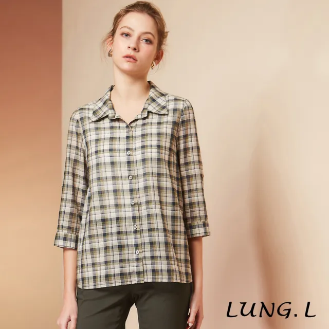 【LUNG.L 林佳樺】LR99A 綠色格紋棉質七分袖女裝襯衫(春夏新品 加大尺碼)