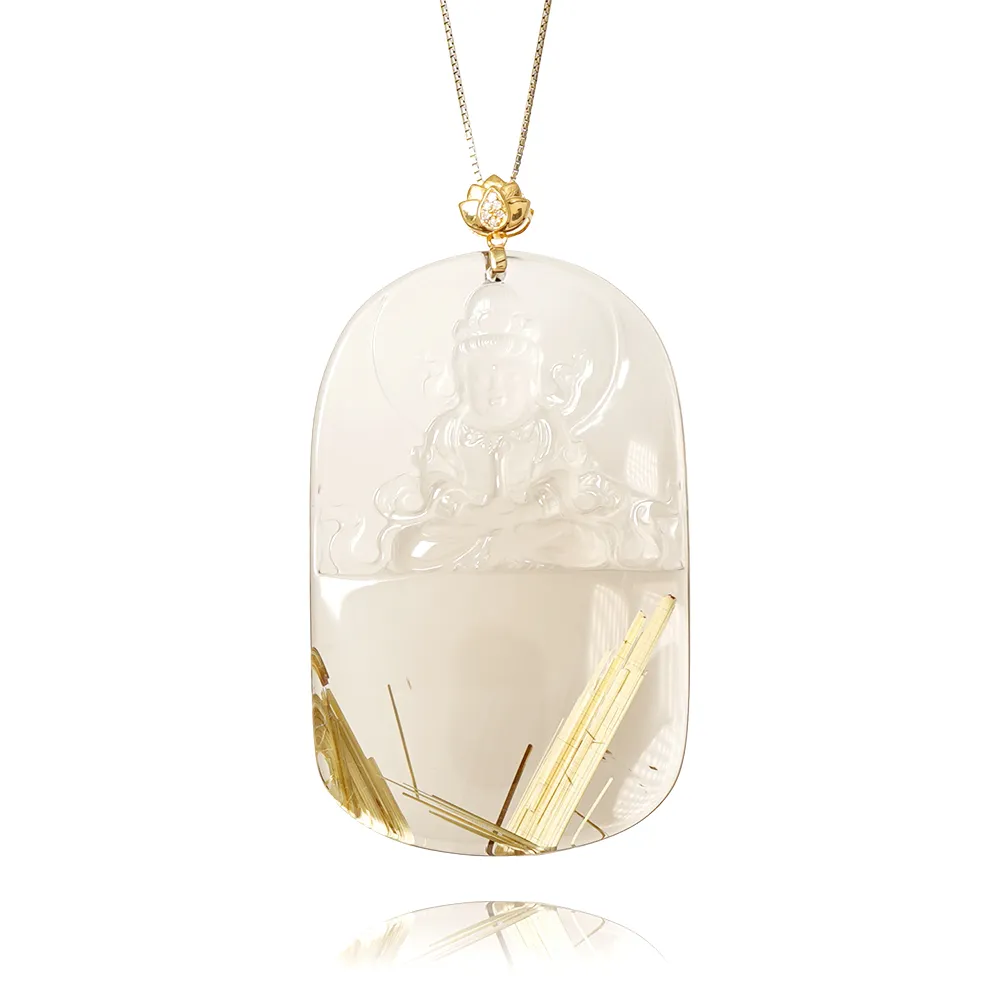 【正佳珠寶】金鈦晶 超頂級巧雕寶瓶觀音 31.2g 金鈦晶吊墜｜18K金鑽石鑲嵌