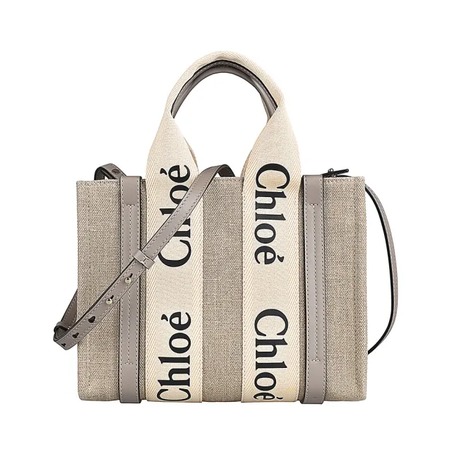 【Chloe’ 蔻依】CHLOE WOODY經典黑字LOGO織帶設計亞麻拼接小牛皮開口式手提斜背包(小/麝香灰x米)