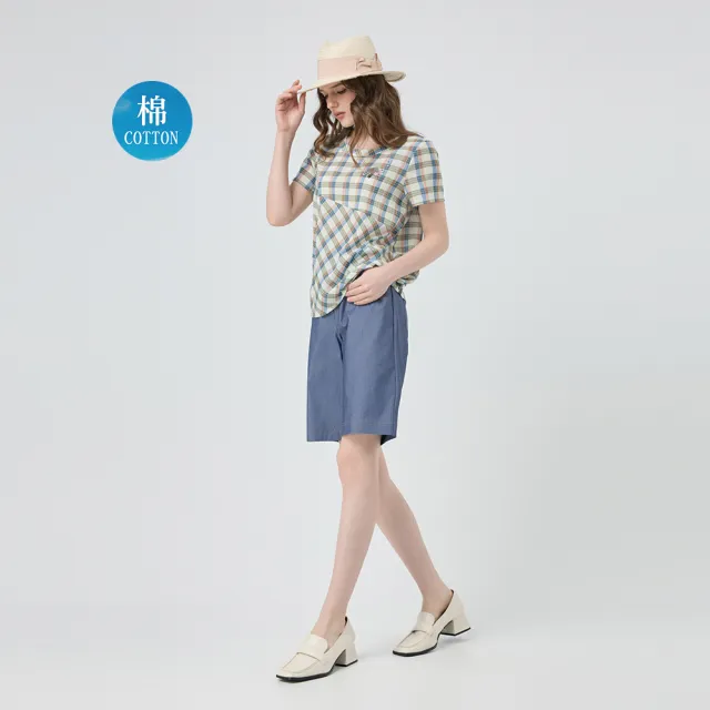 【ILEY 伊蕾】格紋剪接寬鬆純棉上衣(淺綠；M-XL；1252211003)