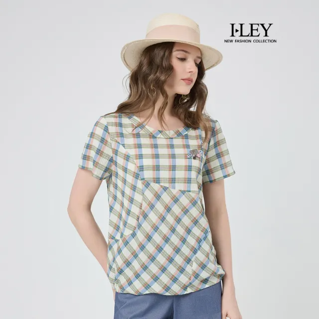 【ILEY 伊蕾】格紋剪接寬鬆純棉上衣(淺綠；M-XL；1252211003)