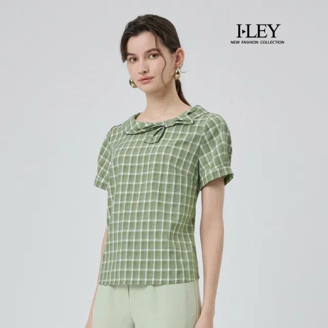 【ILEY 伊蕾】立體造型翻領格紋上衣(綠；M-XL；1252071011)