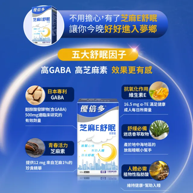 【YouBest 優倍多】優倍多 芝麻E舒眠軟膠囊(60粒/盒-日本專利GABA.芝麻素.維生素E.迷迭香萃取物.幫助入睡)