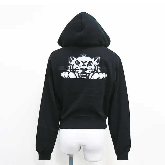 【KENZO】KENZO HAPPY TIGER燙印LOGO純棉拉鍊短版連帽外套(女款/黑)